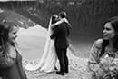 bride and groom's first kiss in black and white- Dolomites Elopement